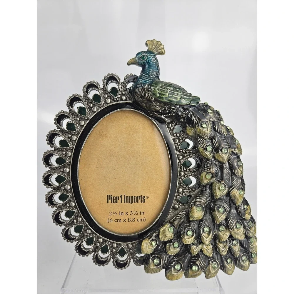 Pier1 Imports Peacock Figural Enamel Rhinestone Photo Frame Oval 2.5x3.5 Jeweled